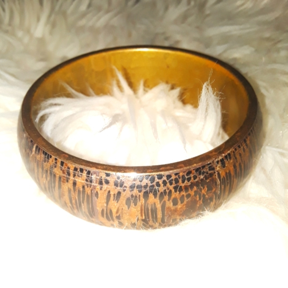 BOHO Vintage tiger wood with brass bangle bracelet.